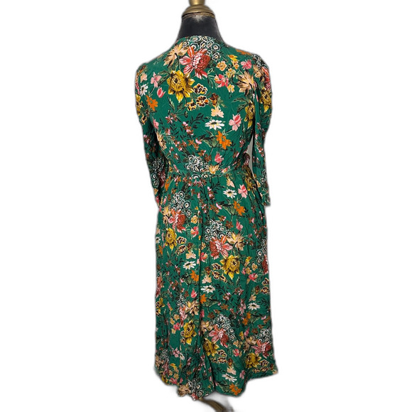 Amour Vert 100% Silk Green Floral Wrap Midi Dress Size M Made in USA Boho Chic - Picture 8 of 11